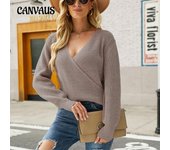 Suéter de otoño e invierno para mujer, suéter de punto de Color sólido con cuello en V de manga larga a la moda S negro