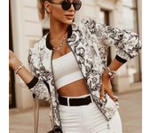 Chaqueta corta de moda para mujer, chaqueta bomber con estampado floral, ropa informal ajustada con cremallera S púrpura
