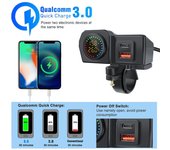 Cargador de motocicleta con pantalla a color dual QC3.0 PD, carga rápida, voltímetro, termómetro, pantalla digital, toma de cargador de teléfono móvil
