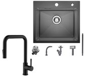 FREGADERO COCINA 50x45cm Acero inoxidable Negro antracita + grifo mezclador extraíble