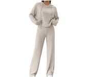 Conjunto de 2 piezas de sudadera y pantalones para mujer, traje con cordón, manga larga, color liso, cintura alta, pierna ancha, pantalones deportivos, chándal para primavera y otoño M albaricoque