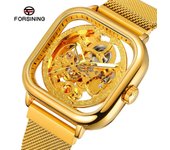 Reloj de hombre cuadrado Esqueleto mecánico de acero inoxidable impermeable Esfera automática de cuerda automática oro rosa