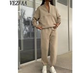 VEZFAA Moda mujer Casual Primavera Otoño Color sólido estampado manga larga POLO cuello pantalones pantalones trajes S color rosa