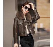 Chaqueta de cuero de PU de felpa para mujer, nueva chaqueta de cuero de motocicleta gruesa corta y de moda Popular de invierno este año M