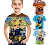 Camiseta infantil de rescate de Sam, bombero, manga corta con estampado 3D, animación educativa sobre seguridad infantil, top de moda 100 azul claro