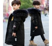 Ropa acolchada de algodón para niños Cuello de piel grande engrosado Mantenga al bebé abrigado Chaqueta acolchada de algodón de longitud media 120cm negro