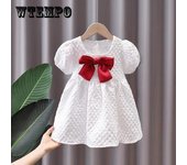 Vestido de verano de manga corta para niñas, fino, blanco, de princesa, para verano, con falda acampanada y lazo rojo 110