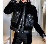 Parkas de invierno para mujer, chaqueta acolchada de algodón con retazos de terciopelo y cuero sintético S negro