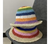 Sombrero de paja arcoíris para mujer, temporada de viaje, protector solar, sombrilla de playa, sombrero de cubo, sombrero de lavabo con cubierta facial de paja a rayas M（56-58cm）