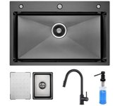 Fregadero de cocina de acero inoxidable 70×45cm, grifo mezclador de cocina extraíble, dispensador de jabón