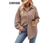 Otoño e Invierno Camisas de Mujer Casual Suelto Bolsillo Waffle Moda Camisa de Manga Larga Top S negro