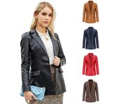 Chaqueta de cuero de un solo botón de color liso para mujer para desplazamientos y ocio XXXL negro