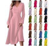Vestido largo de color sólido de manga larga con cuello en V de moda casual de otoño e invierno para mujer S café