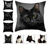 Funda de cojín con estampado de gato de dibujos animados para niños, funda de almohada con imagen divertida para sofá, adecuada para decoración de cafetería y gato negro 40x40cm