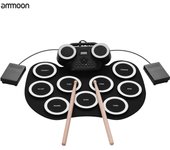 Almohadilla de batería electrónica enrollable portátil Tambor digital de silicio con parlantes incorporados Pedales Monitoreo de auriculares Luz colorida Batería incorporada negro