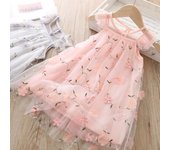 Vestido de malla de encaje bordado para niña coreana de verano 474 - Elegante falda de gasa estilo princesa 100 cm color rosa