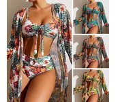 Conjunto de 3 piezas de bikini con estampado de estilo bohemio, traje de baño sexy con tirantes finos divididos y manga larga para playa, vacaciones y fiestas S gris
