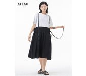 XITAO Vestido con cordón Moda Falsa Diosa de dos piezas Fan Estilo casual plisado Elegante verano Minoría Vestido suelto WLD7214 One Size negro