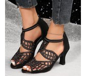 2024 verano romano zapatos de mujer moda stiletto diamantes de imitación hueco pez punta cerrada zapatos de baile sexy talla grande 43 sandalias de mujer 36 negro