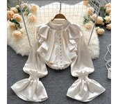 Camisa holgada de satén de alta calidad con mangas largas acampanadas, volantes, cuello redondo y cuentas para mujer, blusa informal suave para oficina One Size albaricoque
