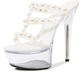 Zapatos de mujer Sandalias Plataforma Stiletto Perla Zapatos de baile en barra Fairy Serie 190 Tacón de 15 cm Plataforma de 5 cm LFD 34 blanco