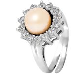 PERLINEA - Anillo Botón de Perlas Cultivadas de Agua Dulce Auténticas 9-10 mm Rosa Natural - Tamaño Ajustable - Plata 925 - Joyería Mujer