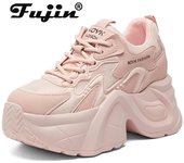 Fujin 9cm Air Mesh cuero genuino zapatillas gruesas casuales transpirables verano señoras moda plataforma zapatos cuña mujeres vulcanizadas 33 blanco