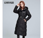 Abrigo de algodón de color sólido de talla grande para mujer, chaqueta de algodón gruesa hasta la rodilla de invierno, chaqueta larga con capucha L negro