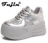 Fujin 9cm de alta marca de malla gruesa zapatilla de deporte hueco cómodo Sunthetic verano Casual zapatos plataforma cuña pisos Bling cuero moda 34 blanco