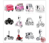 Abalorio colgante de plata de ley S925 con diseño de motocicleta, coche y bicicleta, color rosa y negro, compatible con pulseras originales, joyería DIY para mujer