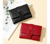 Monedero con hebilla cuadrada, tarjetero, múltiples ranuras para tarjetas, moda para mujer, cuero de PU sólido para damas, billetera multifuncional rojo