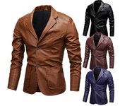 Chaquetas de cuero de PU para hombre, chaqueta de otoño para hombre, abrigo de negocios con botones y cuello vuelto, chaqueta de motociclista de corte ajustado M negro