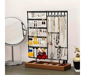 1 estante para joyas de 5 niveles, estante para aretes, estante para aretes con bandeja de madera, organizador de joyas para aretes, collares, pulseras, relojes y anillos