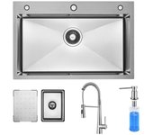 FREGADERO DE COCINA Acero inoxidable plateado 70×45cm, grifo de resorte, dispensador de jabón