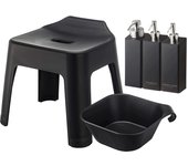 Silla de baño colgante Yamazaki Jitsugyo, altura del asiento 30 cm + imán y bañera colgante + juego de 3 botellas dispensadoras magnéticas tipo espuma y tipo normal [juego
