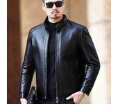 Chaqueta de cuero genuino con cuello alto para hombre, chaqueta de piel de oveja todo en uno de piel gruesa de terciopelo, abrigo corto de invierno M negro