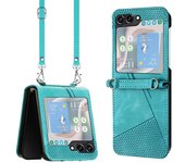 Funda tipo cartera de cuero con ranura para tarjetas y cordón para Samsung Galaxy Z Flip 6, 5, 4 y 3 Z Flip3 verde