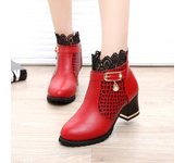 Botas de tobillo con patrón, botas sexis de tacón grueso con puños de encaje para mujer, botas sólidas de moda para mujer 40 rojo