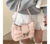 Bolso de hombro con lazo rosa para mujer, bolso de mano elegante de estilo universitario coreano, bolso de mano cuadrado plisado, bolso informal dulce de cuero para la axila 23X17X7cm azul