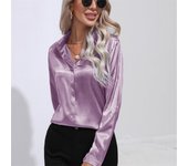 Blusa de solapa de manga larga sólida para mujer, camisas de satén informales holgadas para oficina, primavera y otoño S blanco