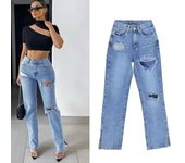 Pantalones rectos Hipster de calle a la moda, pantalones vaqueros para mujer, pantalones divididos, pantalones vaqueros recortados sexis, pantalones largos de cintura alta, pantalones 30209 38 azul claro