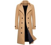 Gabardina cruzada para hombre, mezcla de lana, otoño invierno, color liso, informal, entallada, chaqueta larga, abrigo de lana, ropa de moda para hombre M negro