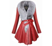 Gabardina de cuero de longitud media para mujer de invierno y abrigo de algodón piel sintética delgada con cuello de piel de zorro sintética S rojo