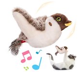 Juguete interactivo para gatos con alas batientes, pájaro volador eléctrico con sonido de canto, gorrión de peluche de simulación para colgar en interiores. marrón