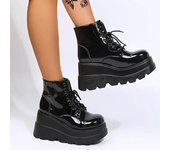 Botas de mujer de caña alta, suela gruesa, tacón bajo, botines con cordones, zapatos de mujer, negro brillante, negro brillante, calzado femenino 36 negro