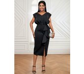 AOMEI Vestidos midi negros con cuello en V, sin mangas, con cuentas, cintura alta, volantes, aberturas, trajes de fiesta de noche para damas 1XL negro