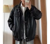 Chaqueta de piel sintética para hombre, abrigo de manga larga con solapa y bolsillos con solapa, botones de color liso, corte holgado, ropa de abrigo para uso diario M negro
