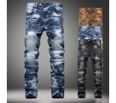 Pantalones de hombre talla grande plisados ​​multibolsillos motocicleta Patchwork Jean Casual hombres pantalones vaqueros elásticos 27 negro