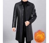 Chaqueta de cuero larga y gruesa cálida para hombre, cortavientos de solapa de cuero Pu, invierno y otoño M negro