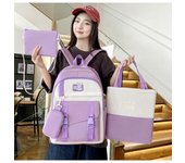 Conjunto de mochila de cuatro piezas, mochila escolar para estudiantes, mochila de gran capacidad para mujer, mochila para campus con bloques de color púrpura